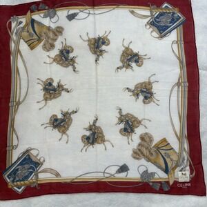 CELINE Paris Scarf Equestrian Horse Carriage Cotton Red White Accessory 18.5"